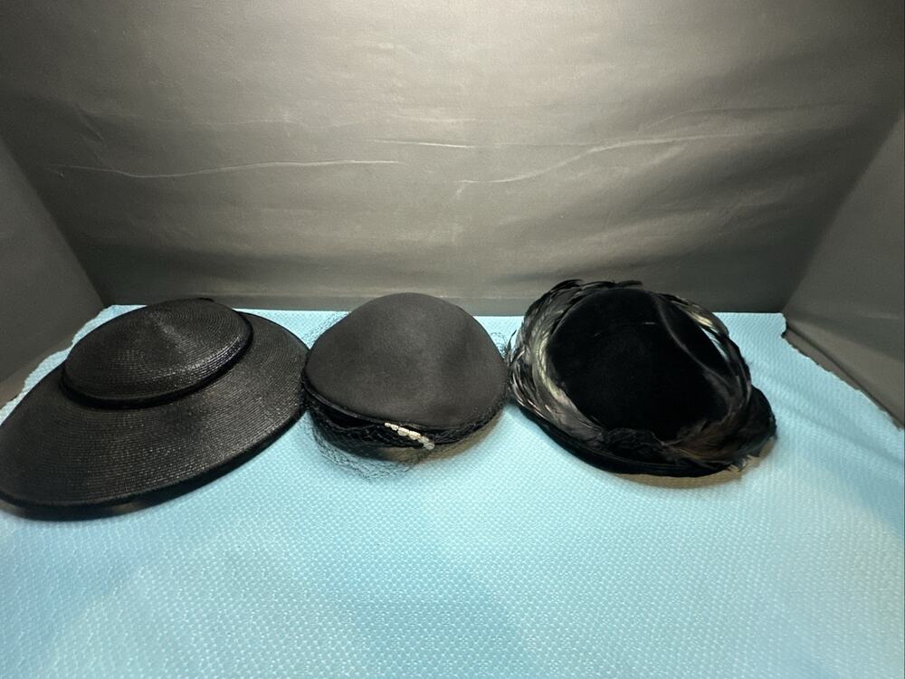 3 Vtg 50s new look hat black platter wide brim saucer, Feathered & Netted